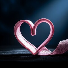 Pink ribbon shaped into a heart on a dark background.