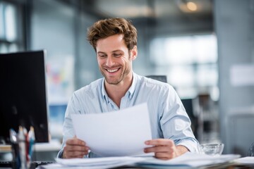 Obraz premium Young professional smiling while reviewing paperwork in a modern office setting, conveying satisfaction, focus, and productive business work.