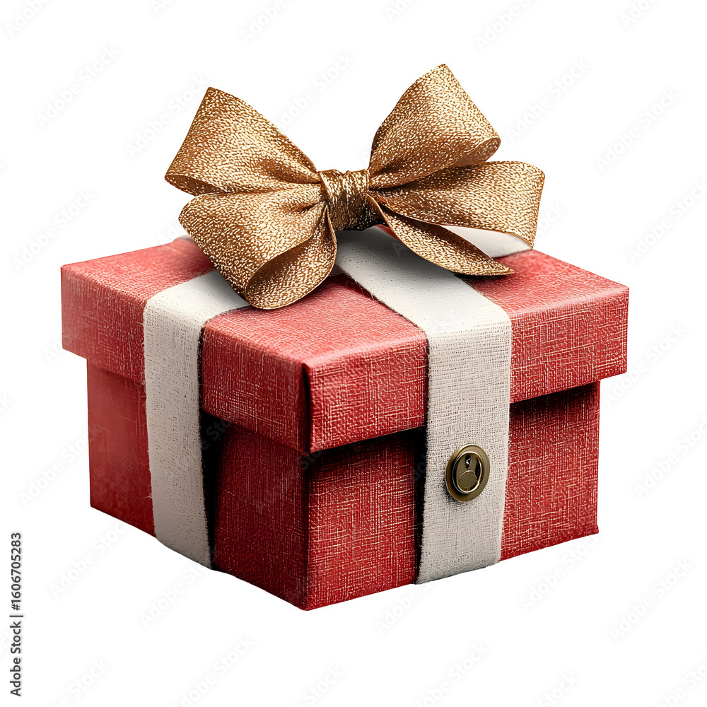 Poster a beautifully wrapped luxurious gift box with a shiny red textured wrapping and a large glimmering g