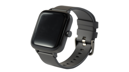 A black watch with a black band sits on a white background