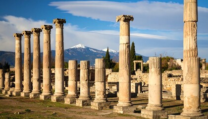 Fototapeta premium Ancient columns in a sunlit archaeological site, mountains in the background