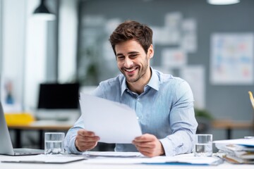 Fototapeta premium Young professional smiling while reviewing paperwork in a modern office setting, conveying satisfaction, focus, and productive business work.