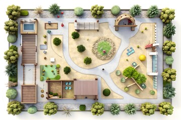 An aerial view of a welldesigned playground, showcasing various play structures, pathways, and landscaping in a recreational park