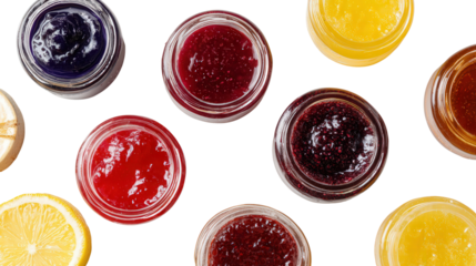 Fresh Homemade Jams: A flat lay of freshly homemade jams in jars with labels, isolated on a Transparent background, PNG file.