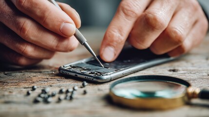 Close-up of a technician repairing a smartphone motherboard using precision tools and a magnifying glass, surrounded by screws and components on a wooden table.