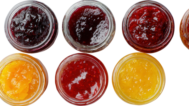Fresh Homemade Jams: A flat lay of freshly homemade jams with vibrant colors, isolated on a Transparent background, PNG file.