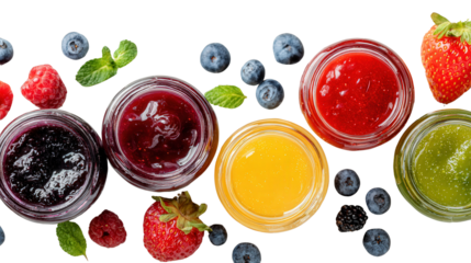 Fresh Homemade Jams in Jars: A flat lay of fresh homemade jams in jars with vibrant colors, isolated on a Transparent background, PNG file.