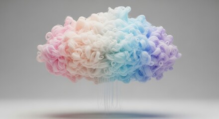 A soft, fluffy cloud composed of pastelcolored fibers floats gently against a neutral background