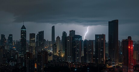 Dramatic City Skyline with Lightning