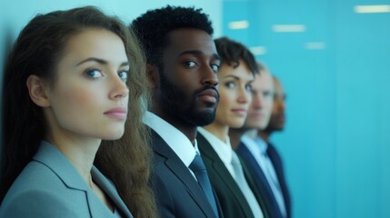 A group of diverse candidates waiting in line for a job interview in a corporate hallway solid soft blue background each dressed