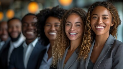Diverse team smiles warmly, lined up in business attire, blurred background
