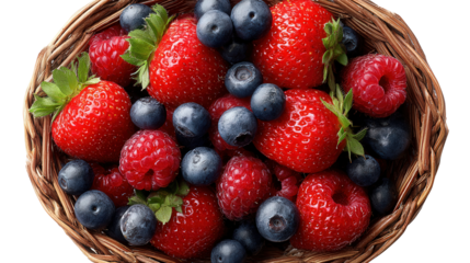 Fresh Organic Berries in Basket: A flat lay of fresh organic berries like strawberries, blueberries, and raspberries in a basket, isolated on a Transparent background, PNG file.