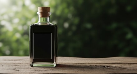 A vintage glass bottle with a cork stopper sits on a wooden surface, with a blurred green background