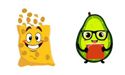 Cartoon happy potato chip bag and smart avocado with book. Healthy versus unhealthy food concept. Vector illustration for diet design