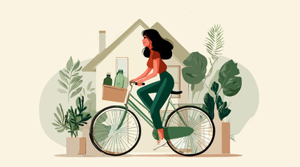 Modern woman's eco-friendly lifestyle set. Vector illustration of daily routine, working from a home office with plants and riding a bicycle. Sustainable living and work-life balance concept.