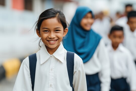 Portrait of a smiling Muslim schoolgirl wearing a white hijab and uniform, standing among classmates outdoors before class.