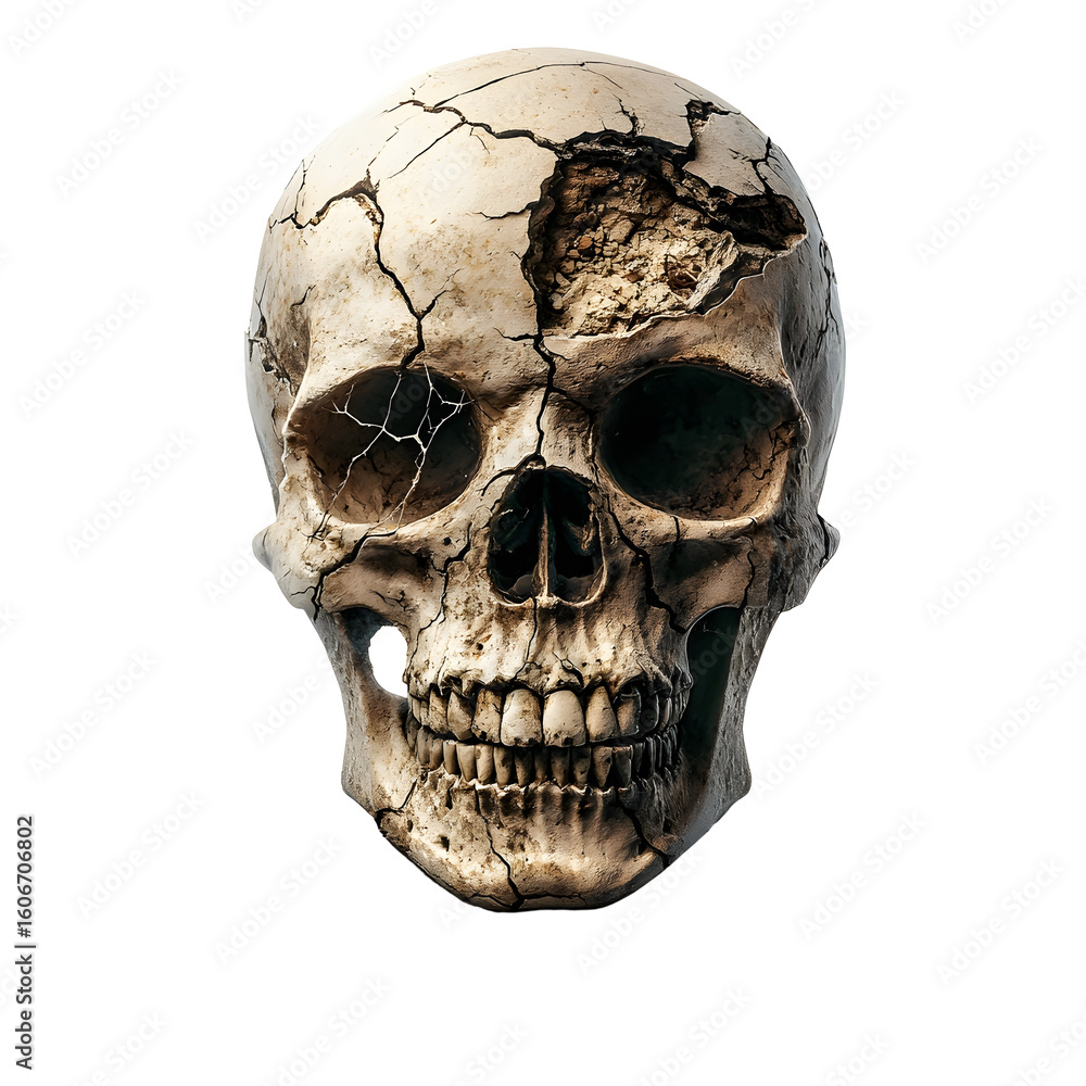 Poster a 3d rendered image of a creepy cracked skull with bone texture isolated on a white background in a 