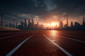 Obraz premium Running track at sunrise with dubai skyline illuminating modern architecture