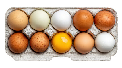 Fresh Organic Eggs: A flat lay of fresh organic eggs in a carton, isolated on a Transparent background, PNG file.