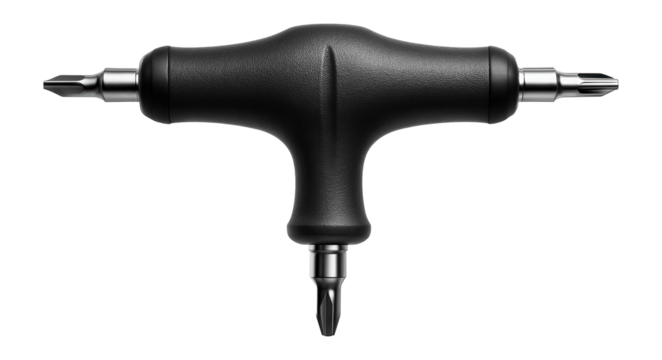 T-handle screwdriver with dual-sided tips, for quick bit changes during appliance servicing.