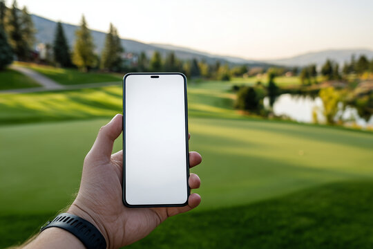 Golfer holding smartphone with white screen on golf course