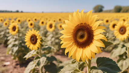 sunflower with bright yellow petals and a brown center is standing in the middle of a vast sunflower field.