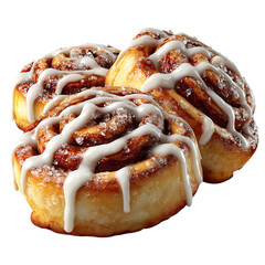Two sweet cinnamon rolls with white icing and sugar crystals isolated on white on transparent background