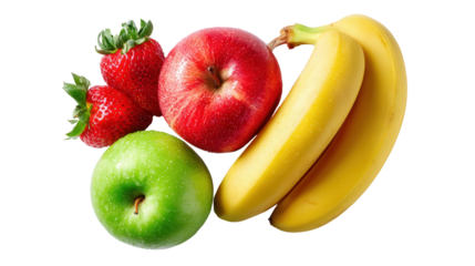 Fresh Organic Fruit on White: A flat lay of fresh organic fruits like apples, bananas, and strawberries, isolated on a Transparent background, PNG file.