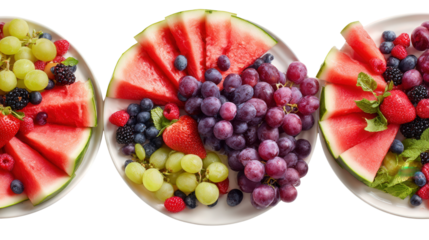 Fresh Organic Fruit Platters: A flat lay of fresh organic fruit platters with vibrant fruits like watermelon, berries, and grapes, isolated on a Transparent background, PNG file.