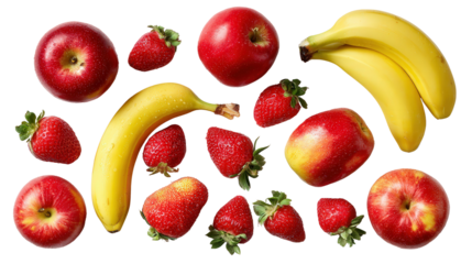 Fresh Organic Fruit on White: A flat lay of fresh organic fruits like apples, bananas, and strawberries, isolated on a Transparent background, PNG file.