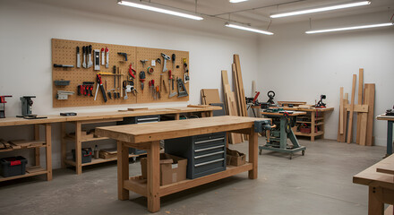 Well-equipped woodworking shop with various tools, lumber, and workbenches ready for crafting projects.