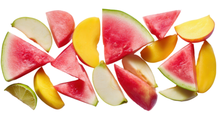 Fresh Organic Fruit Salad: A flat lay of fresh organic fruit salad with slices of watermelon, apple, and mango, isolated on a Transparent background, PNG file.