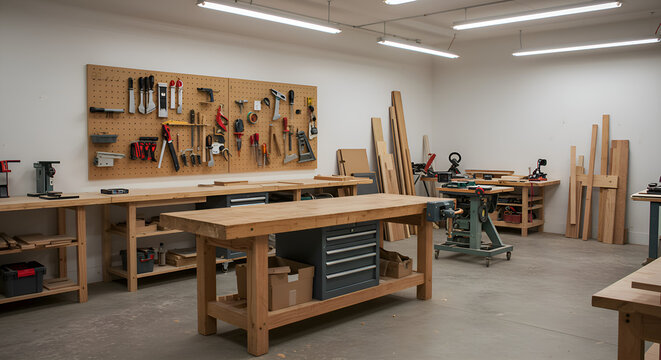 Well-equipped woodworking shop with various tools, lumber, and workbenches ready for crafting projects.