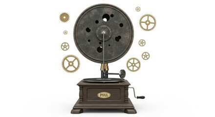 An antique gramophone with intricate gears and a large metal wheel is isolated on a white background