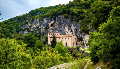 Mountainside church nestled in forest