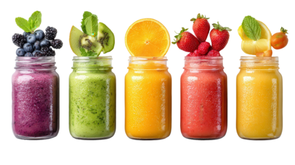 Fresh Organic Fruit Smoothies in Jars: A flat lay of fresh organic fruit smoothies in mason jars, isolated on a Transparent background, PNG file.