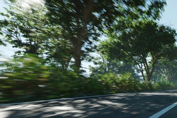 Dynamic road texture visuals featuring motion blur from swift vehicles surrounded by rich greenery and radiant daylight, perfect for urban and nature project enhancements