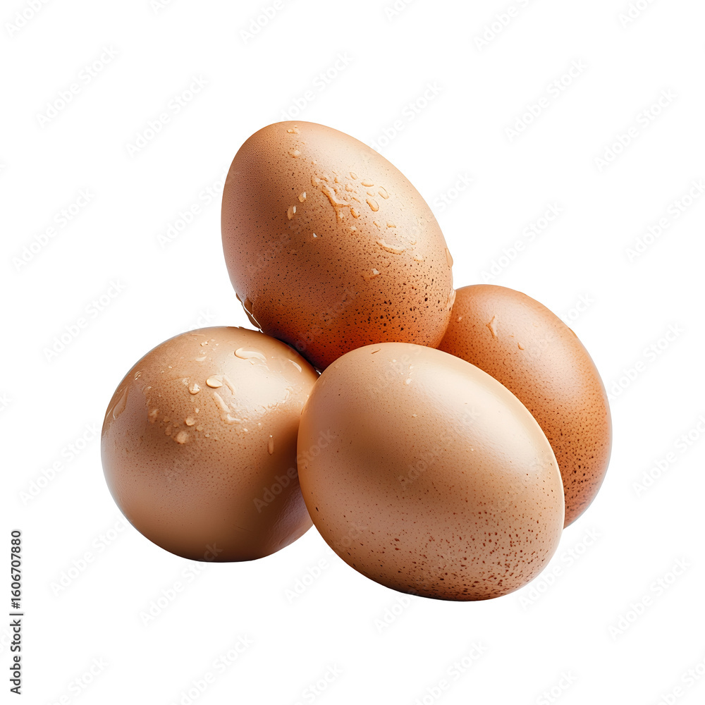 Poster a close up photograph of three fresh brown chicken eggs grouped together in a symmetrical triangular