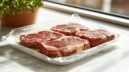Four raw steaks, plastic-wrapped, on a tray