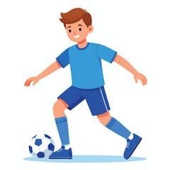 Obraz premium Cartoon illustration of a young boy dribbling a soccer ball, wearing a blue uniform and shoes.