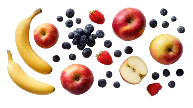Fresh Organic Fruits: A flat lay of fresh organic fruits like apples, bananas, and berries, isolated on a Transparent background, PNG file.
