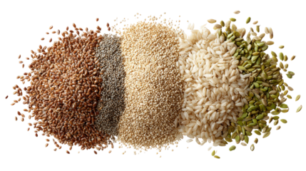 Fresh Organic Grains: A flat lay of fresh organic grains like quinoa, rice, and barley, isolated on a Transparent background, PNG file.