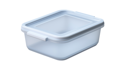 A clear plastic container with a lid sits on a white background