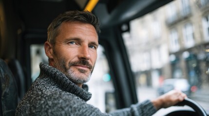 Stylish middle-aged man behind the wheel, showing focus and determination while driving a sleek vehicle in daylight conditions.