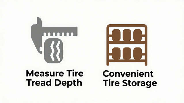 Gray tread measurement and brown tire rack icon represent measuring tire tread depth and convenient tire storage, used for tire inspection and storage scenarios.