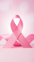 Pink ribbon awareness image on a soft pink background.
