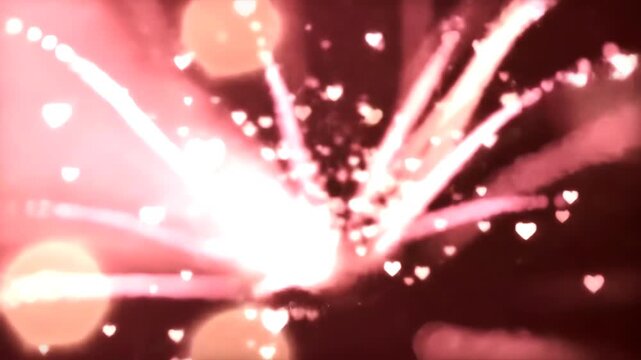 Romantic fly-through animation of an exploding burst of glowing pink heart particles and soft bokeh