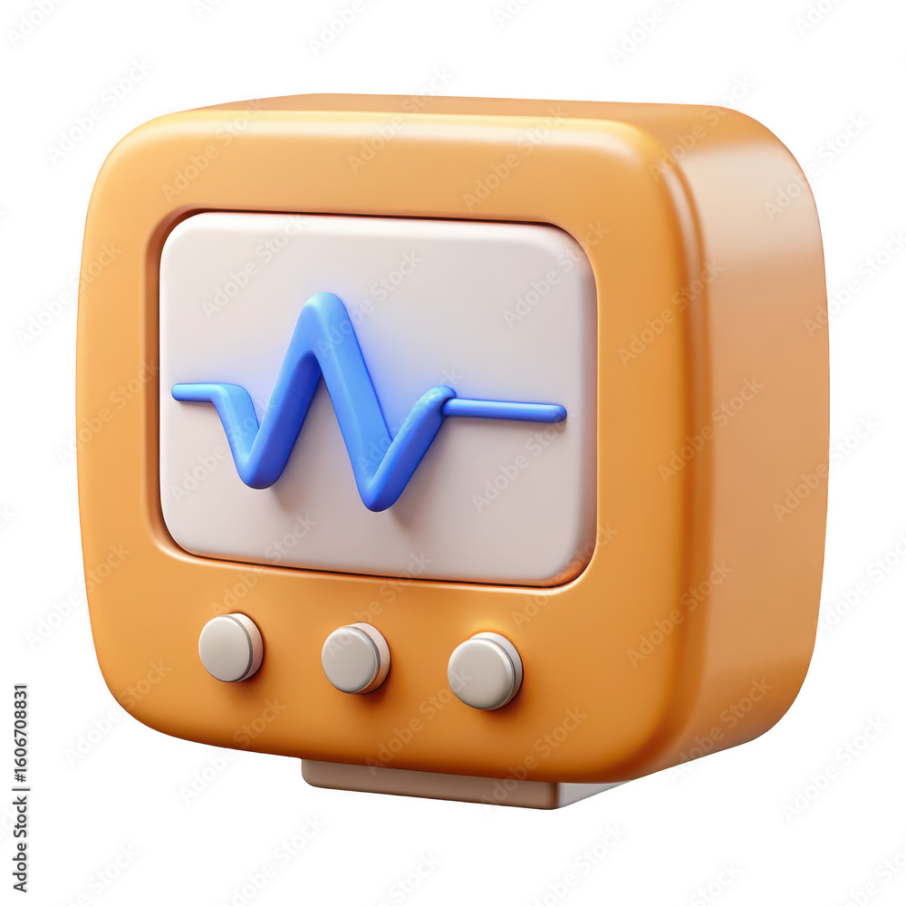 Poster stylized 3d medical monitor displaying a blue heart rhythm waveform with three control buttons isola