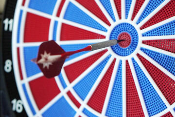 Red Dart in the Center of Dartboard. Success Concept