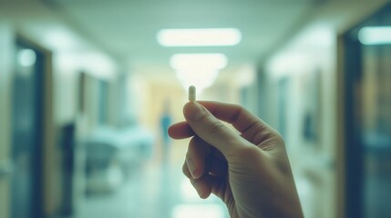 A hand holding a single pill between two fingers over a blurred hospital setting solid neutral background symbolizing choice trust 